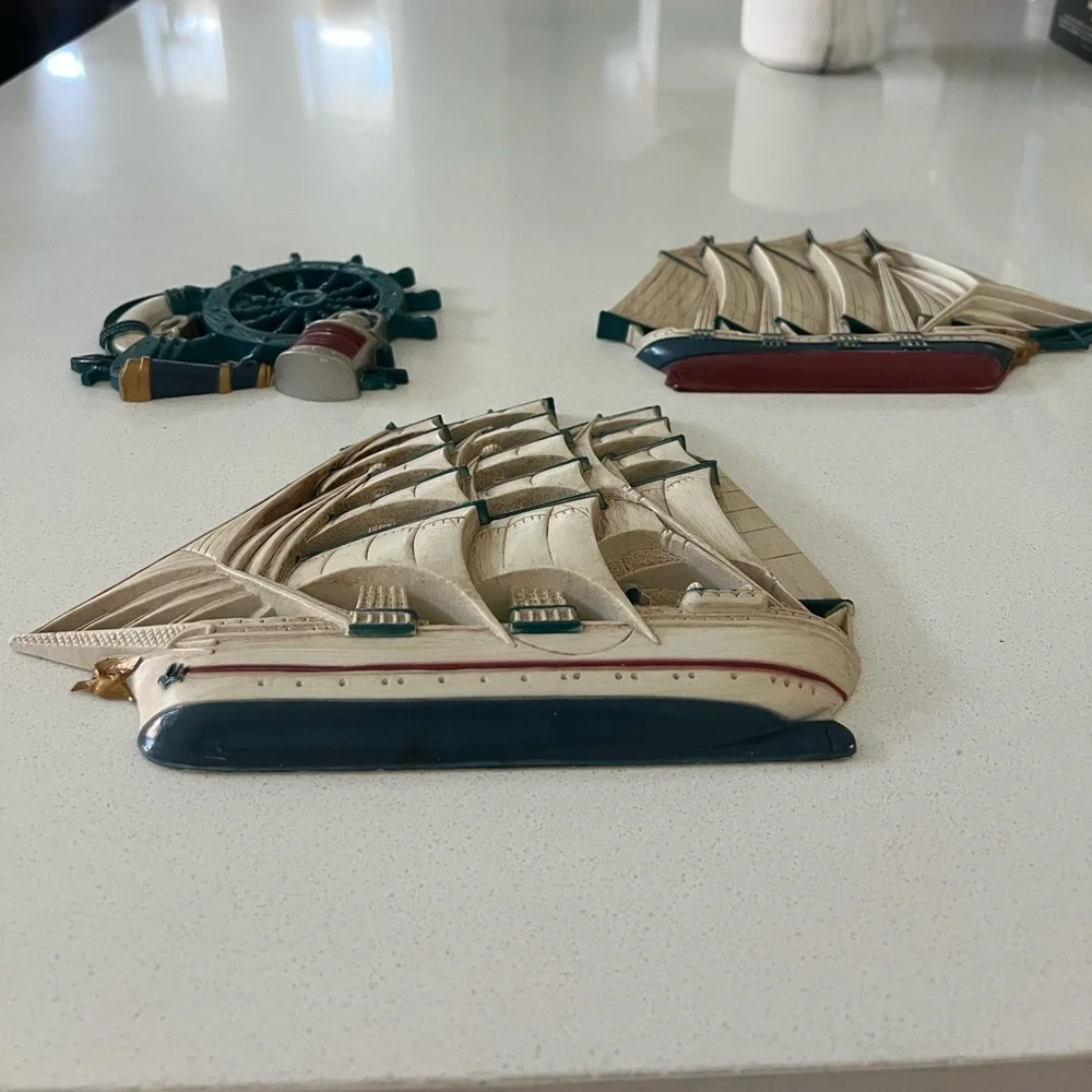 Vtg 1980s Burwood Home Interiors Nautical‎ Wall Art Ship Boat Wheel Set Of 3